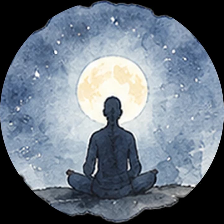 Watercolour of a seated figure meditating before a full moon