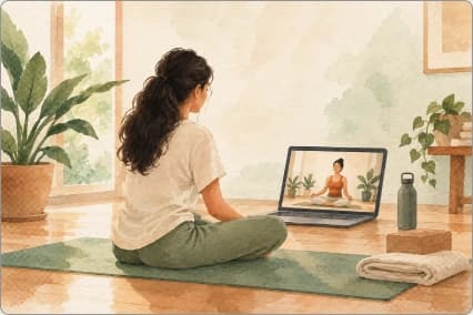 A woman practicing yoga at home with an online class on her laptop