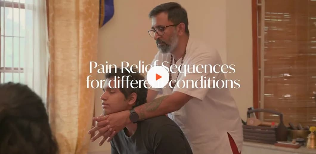 Gurudev working a seated student's neck and shoulder with a forearm, captioned Pain Relief Sequences for different conditions